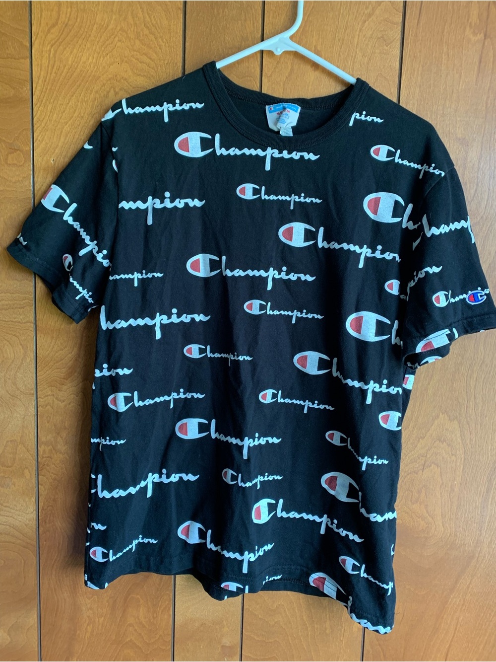 Black Champion crewneck t-shirt tee top featuring an all-over script logo Medium